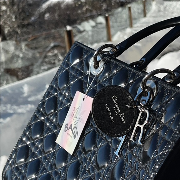 Dior: Lady Dior Charms Patent Enamel Cannage Lambskin Shoulder Handbag (Black) - Picture 10 of 16